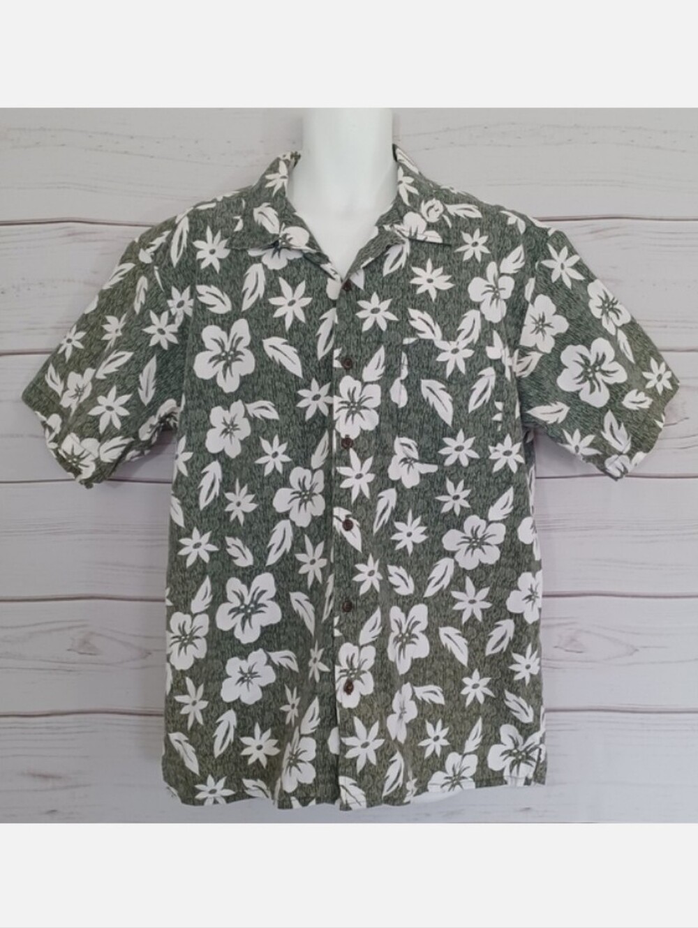 CHEROKEE Mens Green Cotton Woven Hawaiian Button Down Casual Shirt Top